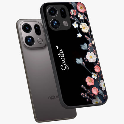 Black Elegance Floral Custom Name Glass Case displayed in angled mockup highlighting dark floral aesthetic and custom name feature.
