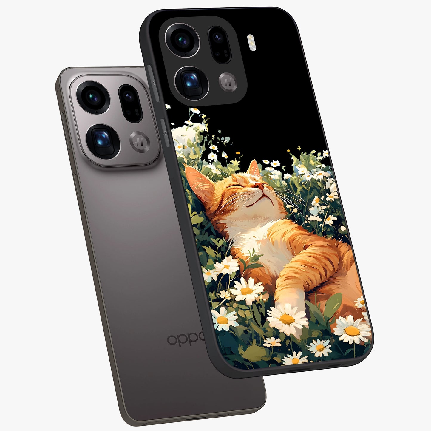 Blissful Bloom Cat Glass Case displayed in angled mockup highlighting playful feline illustration with soft floral aesthetic.