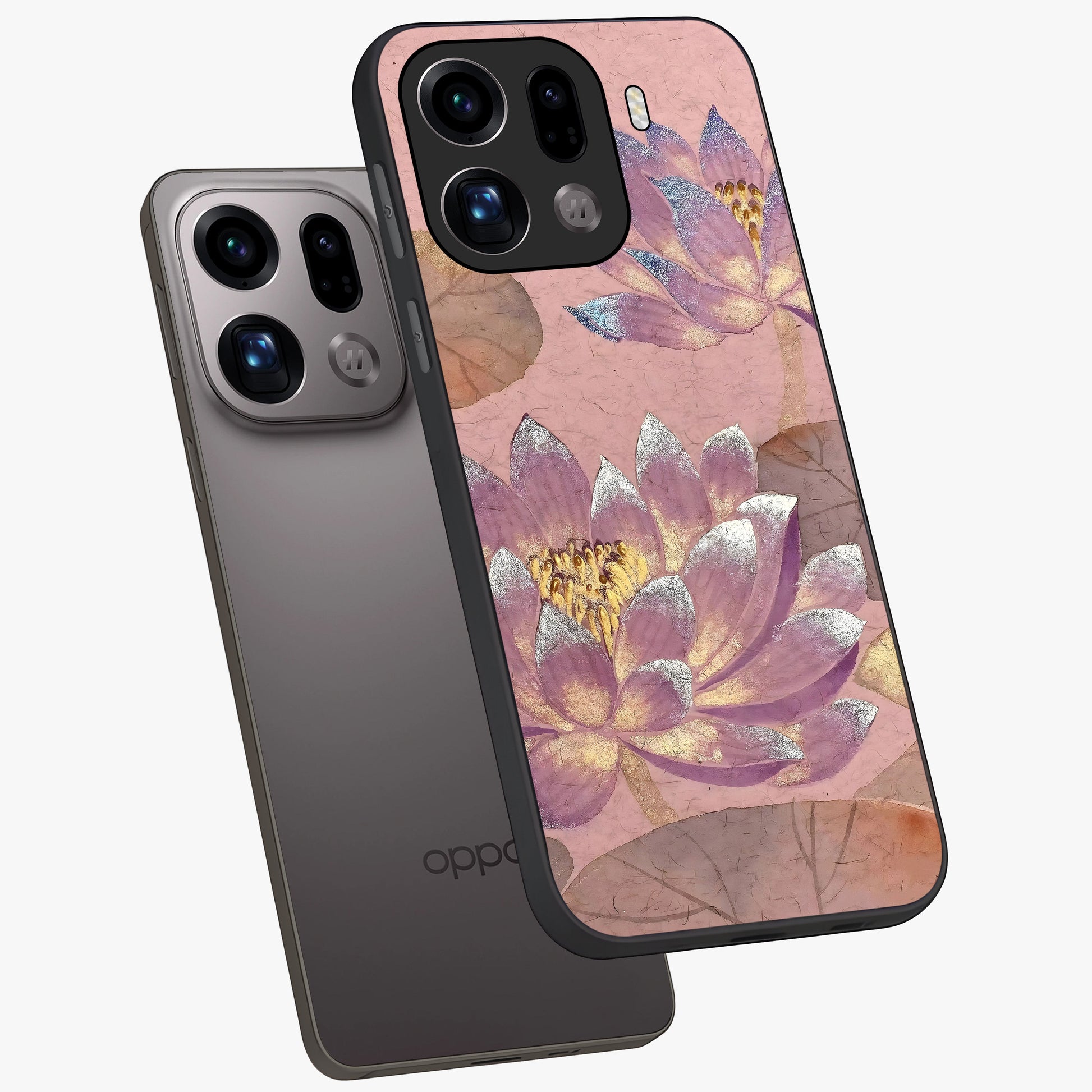 Blossom Mist Lotus Glass Case displayed in angled mockup highlighting delicate lotus illustration with calm aesthetic theme.
