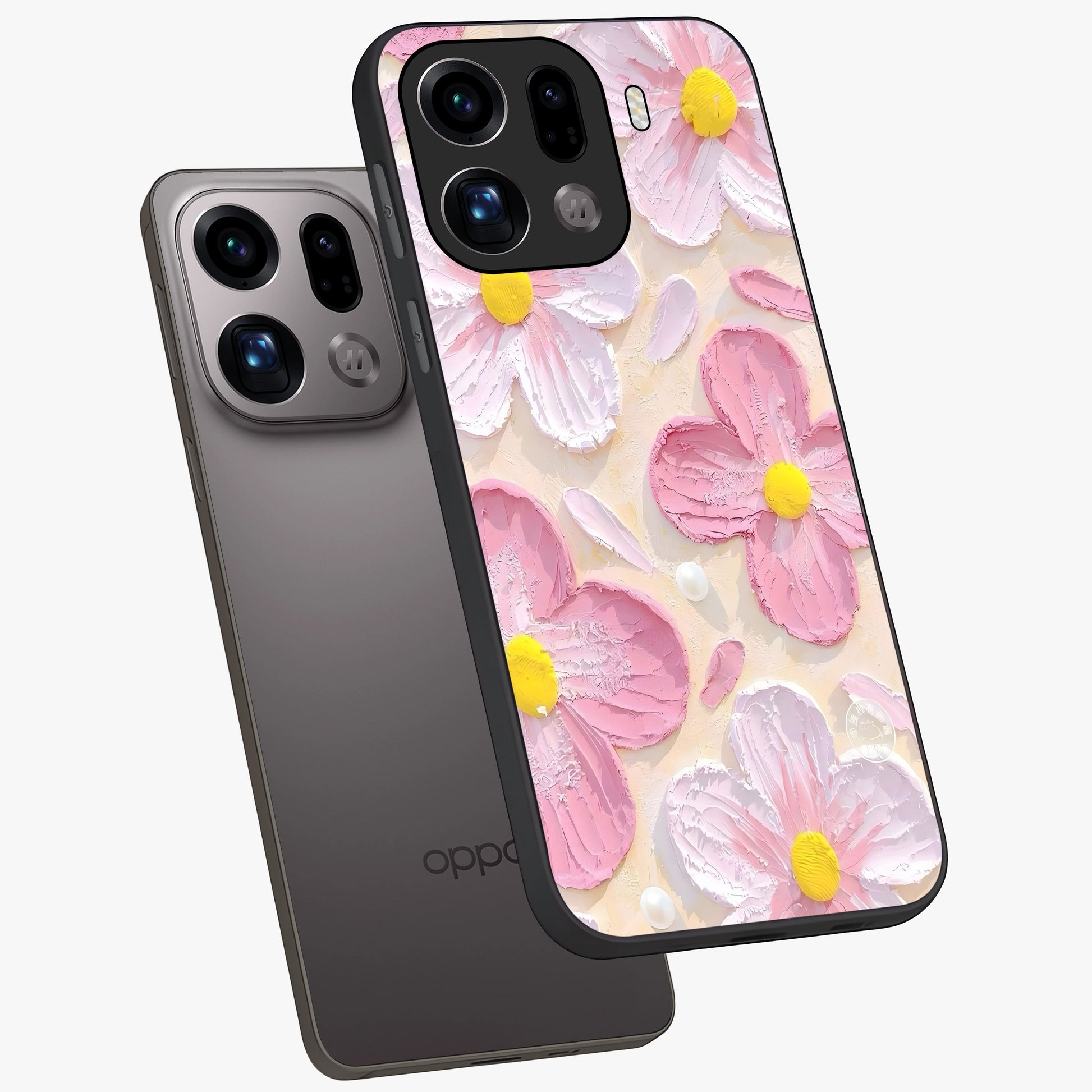 Blush Bloom Texture Glass Case displayed in angled mockup highlighting subtle bloom pattern with aesthetic pastel design.