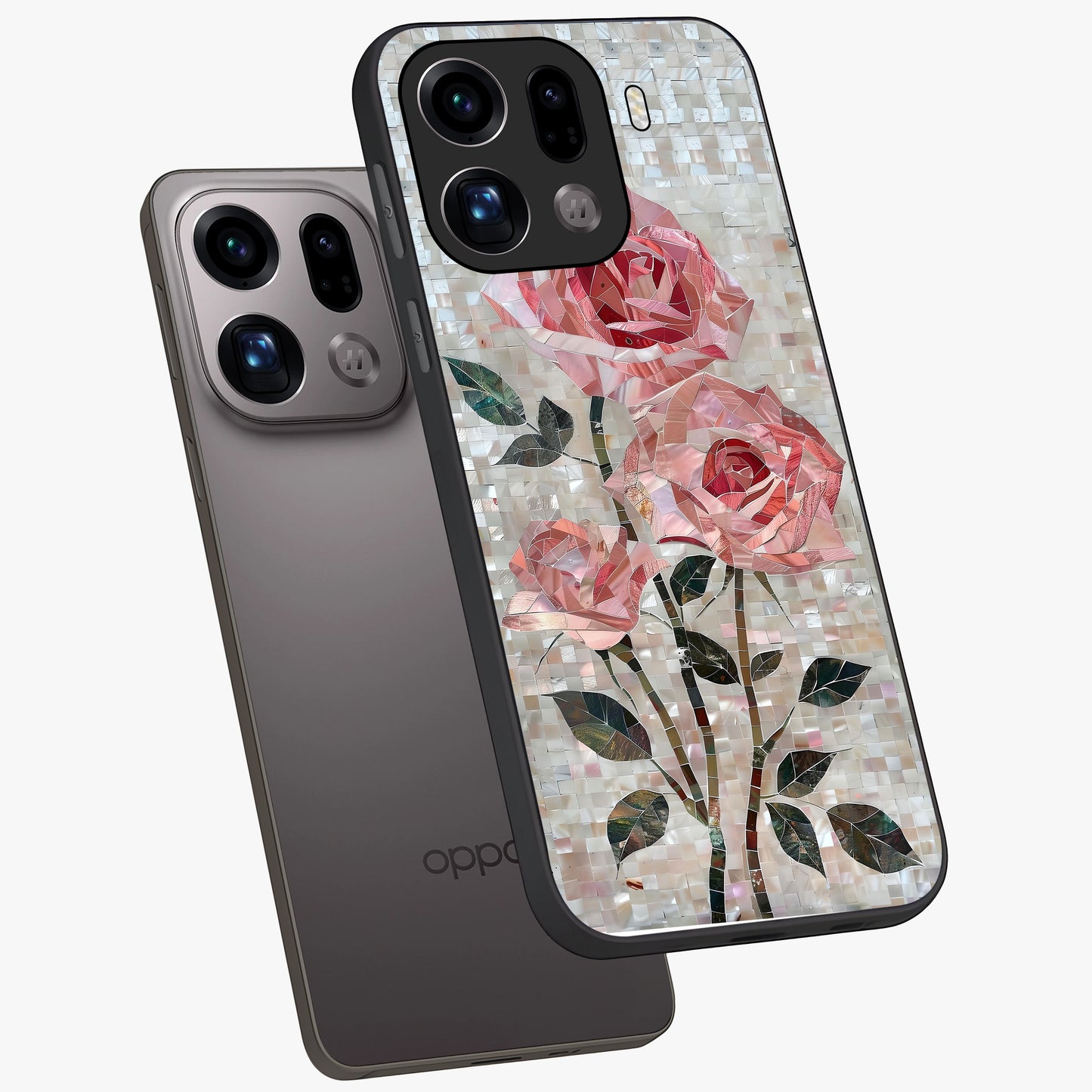 Blush Mosaic Bloom Glass Case displayed in angled mockup highlighting artistic mosaic flower pattern with aesthetic design.