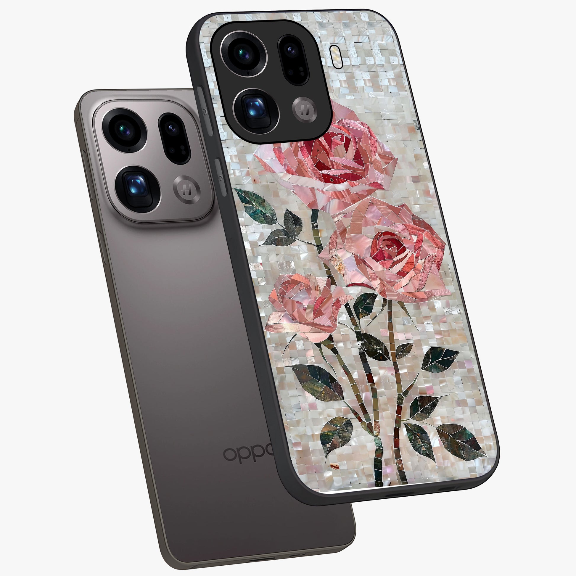 Blush Mosaic Bloom Glass Case displayed in angled mockup highlighting artistic mosaic flower pattern with aesthetic design.
