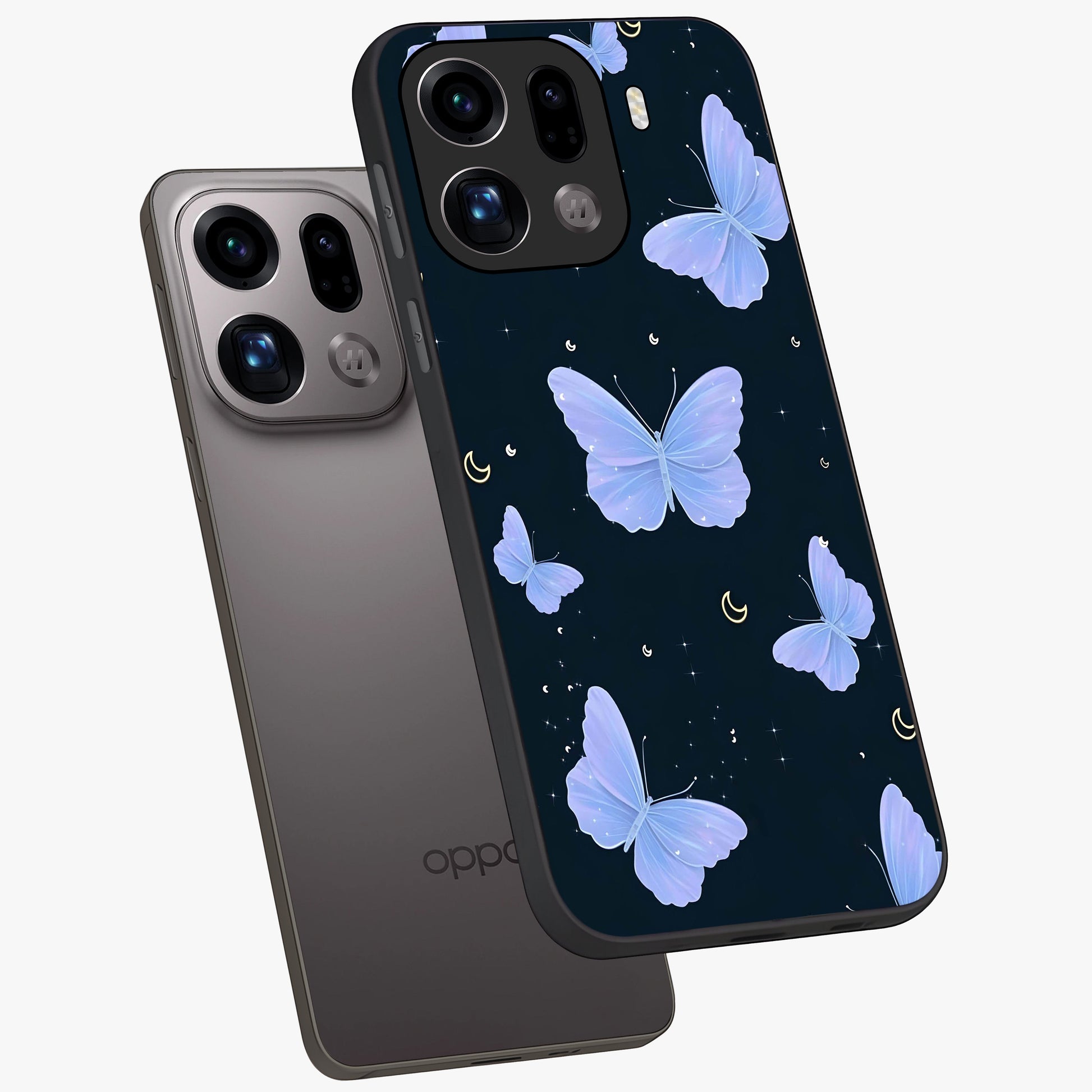 Butterfly With Stars Pattern Glass Case displayed in angled mockup highlighting dreamy butterfly and star design with aesthetic theme.