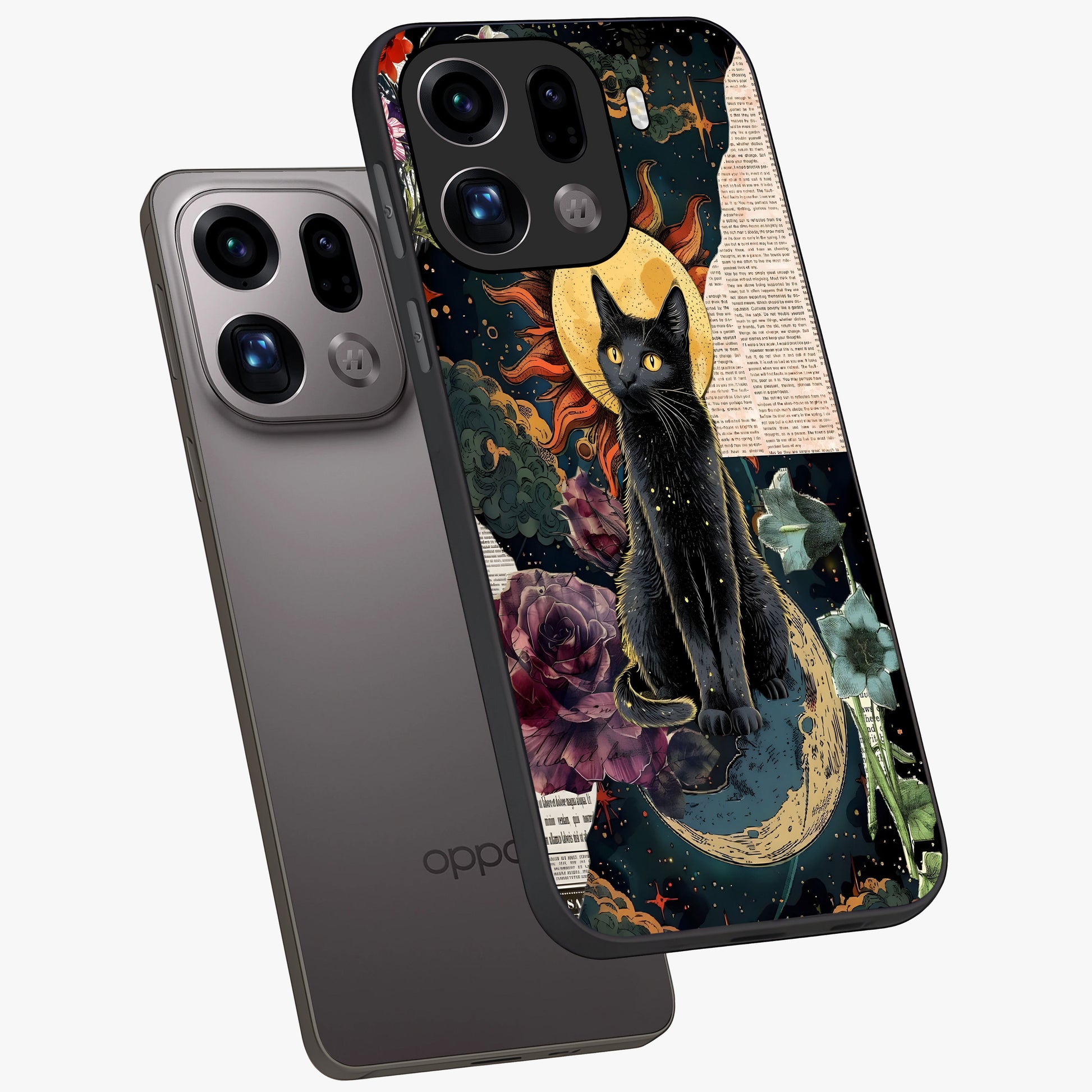 Celestial Black Cat Glass Case displayed in angled mockup highlighting cosmic black cat design with celestial aesthetic.