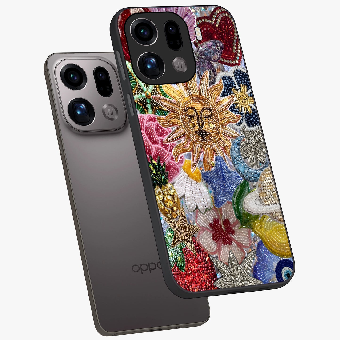Celestial Floral and Playful Glass Case displayed in angled mockup highlighting playful floral design with dreamy celestial elements.