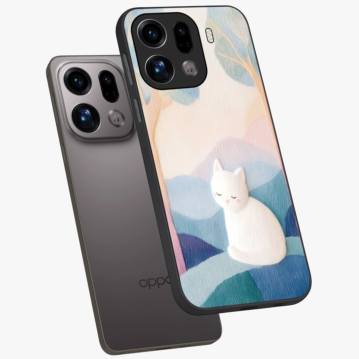 Cotton Dream Cat Glass Case displayed in angled mockup highlighting cute feline illustration with pastel aesthetic style.