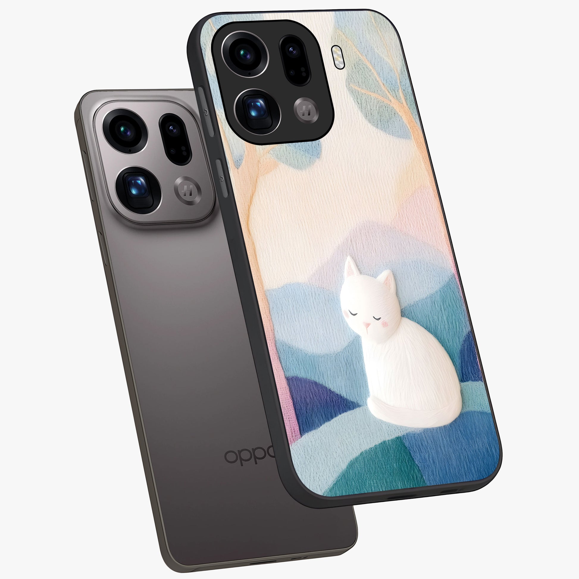 Cotton Dream Cat Glass Case displayed in angled mockup highlighting cute feline illustration with pastel aesthetic style.