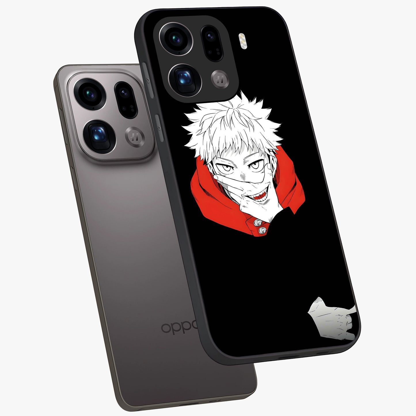 Crimson Chaos Smile Glass Case displayed in angled mockup highlighting edgy crimson smile design with graphic aesthetic.