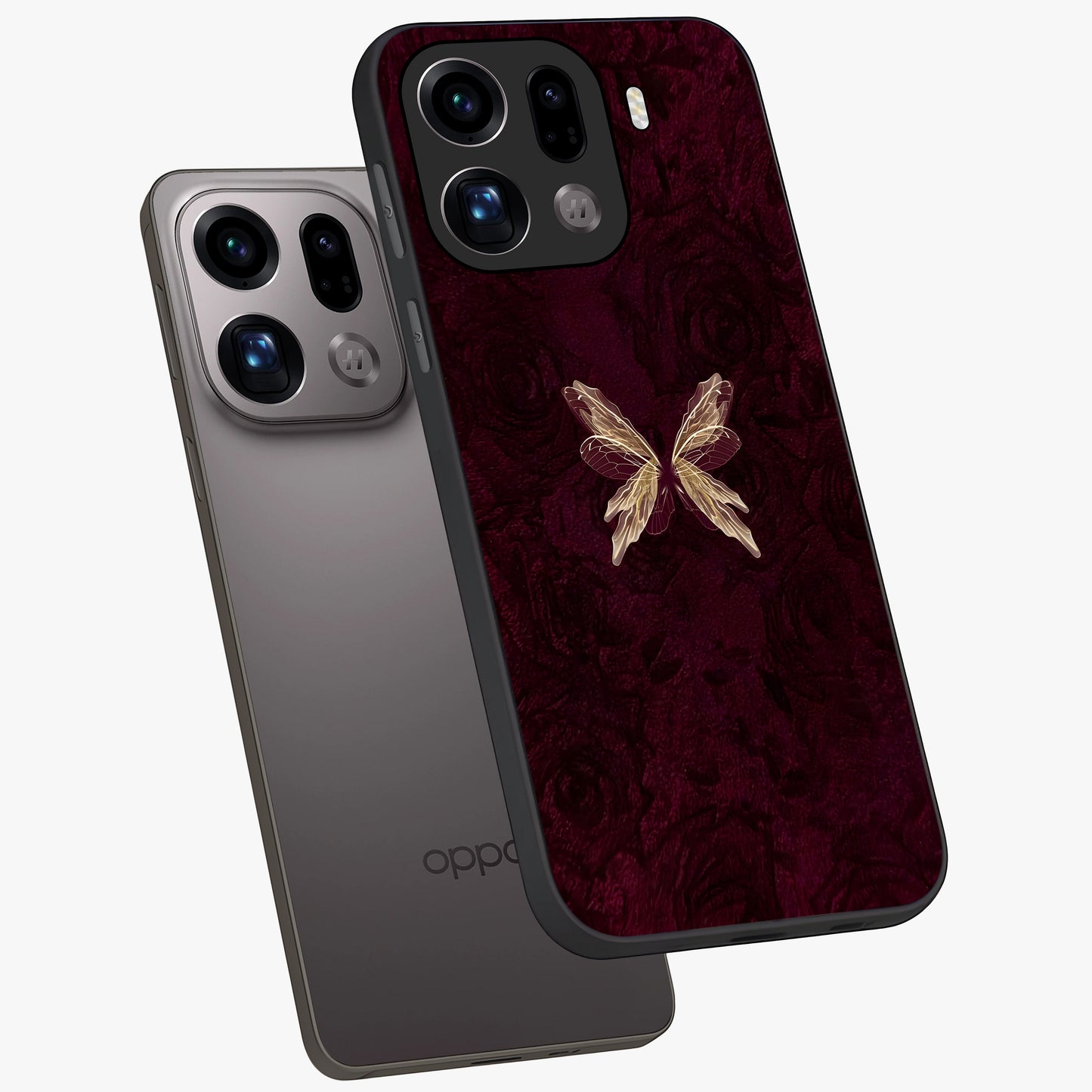 Crimson Fade Butterfly Glass Case displayed in angled mockup highlighting elegant butterfly design with crimson gradient aesthetic.