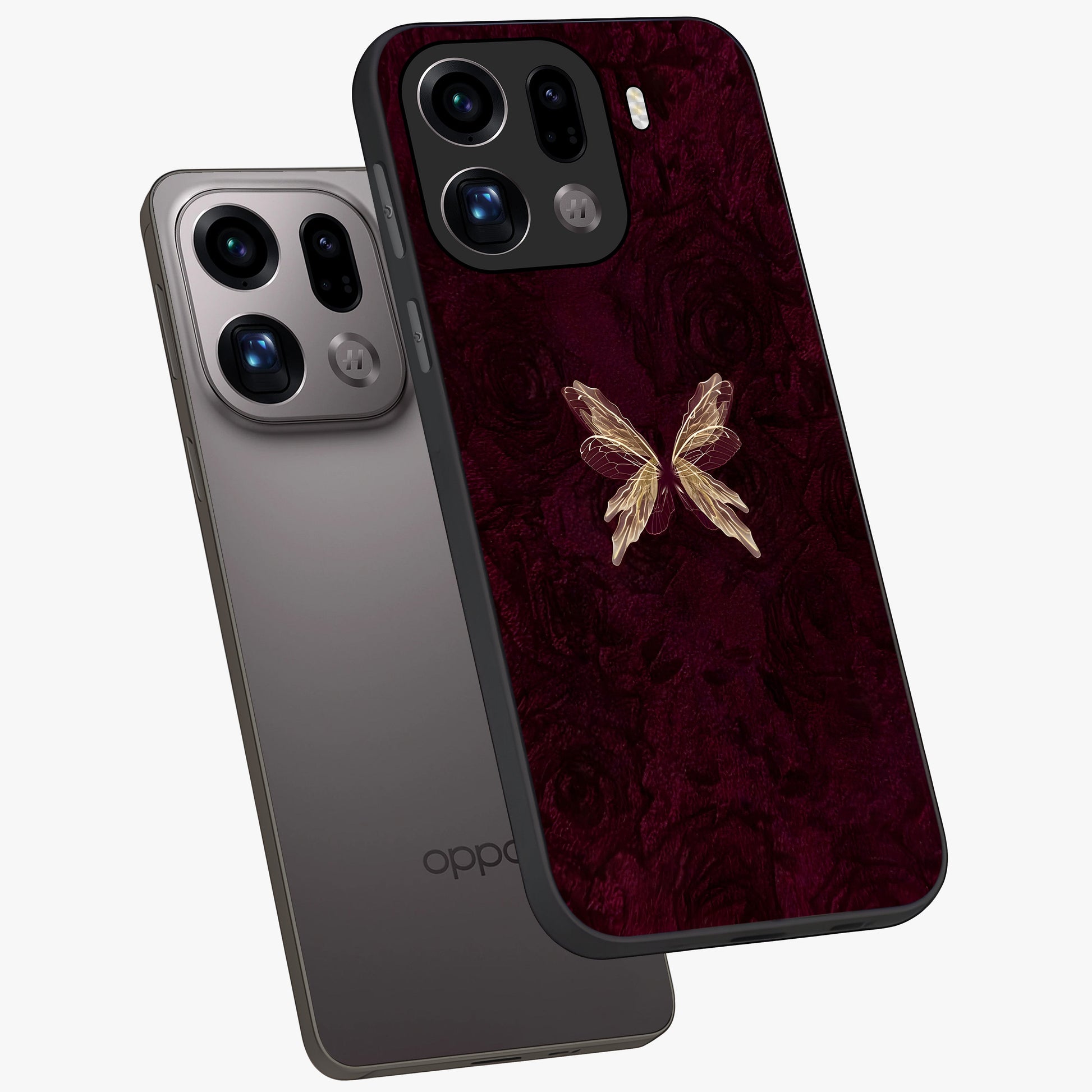 Crimson Fade Butterfly Glass Case displayed in angled mockup highlighting elegant butterfly design with crimson gradient aesthetic.