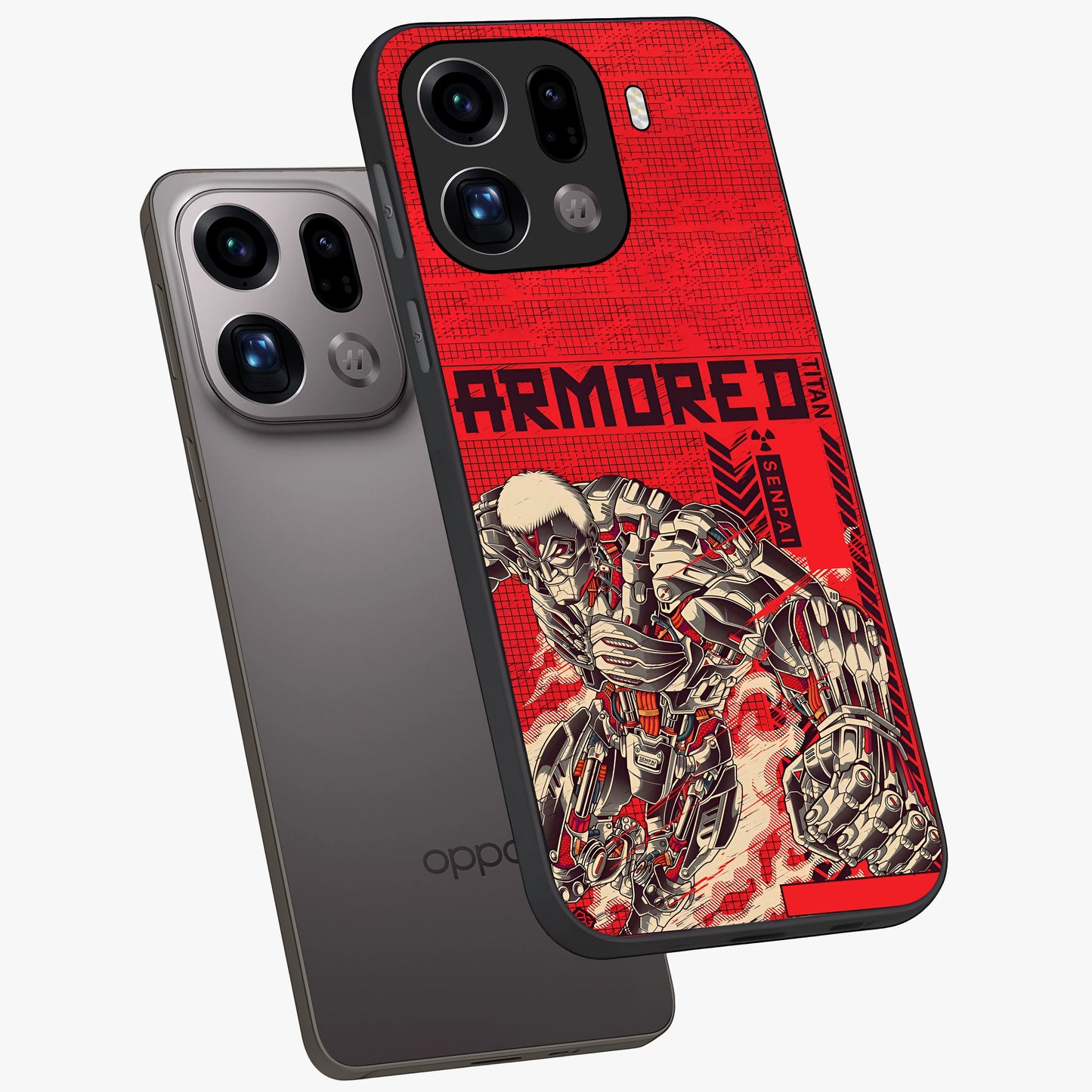 Crimson Mecha Titan Glass Case displayed in angled mockup highlighting futuristic mech illustration with bold crimson aesthetic.