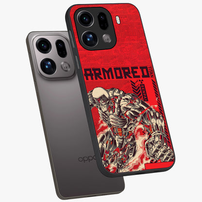 Crimson Mecha Titan Glass Case displayed in angled mockup highlighting futuristic mech illustration with bold crimson aesthetic.