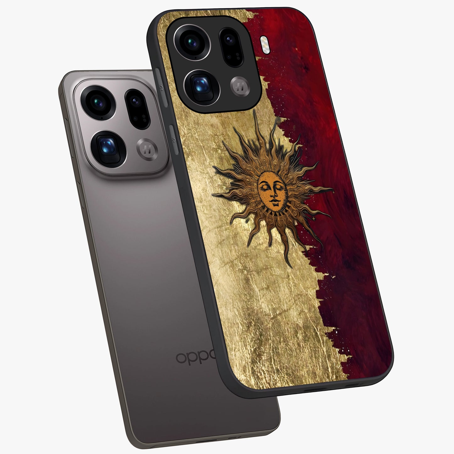 Crimson Sun Majesty Glass Case displayed in angled mockup highlighting majestic crimson sun design with bold aesthetic style.