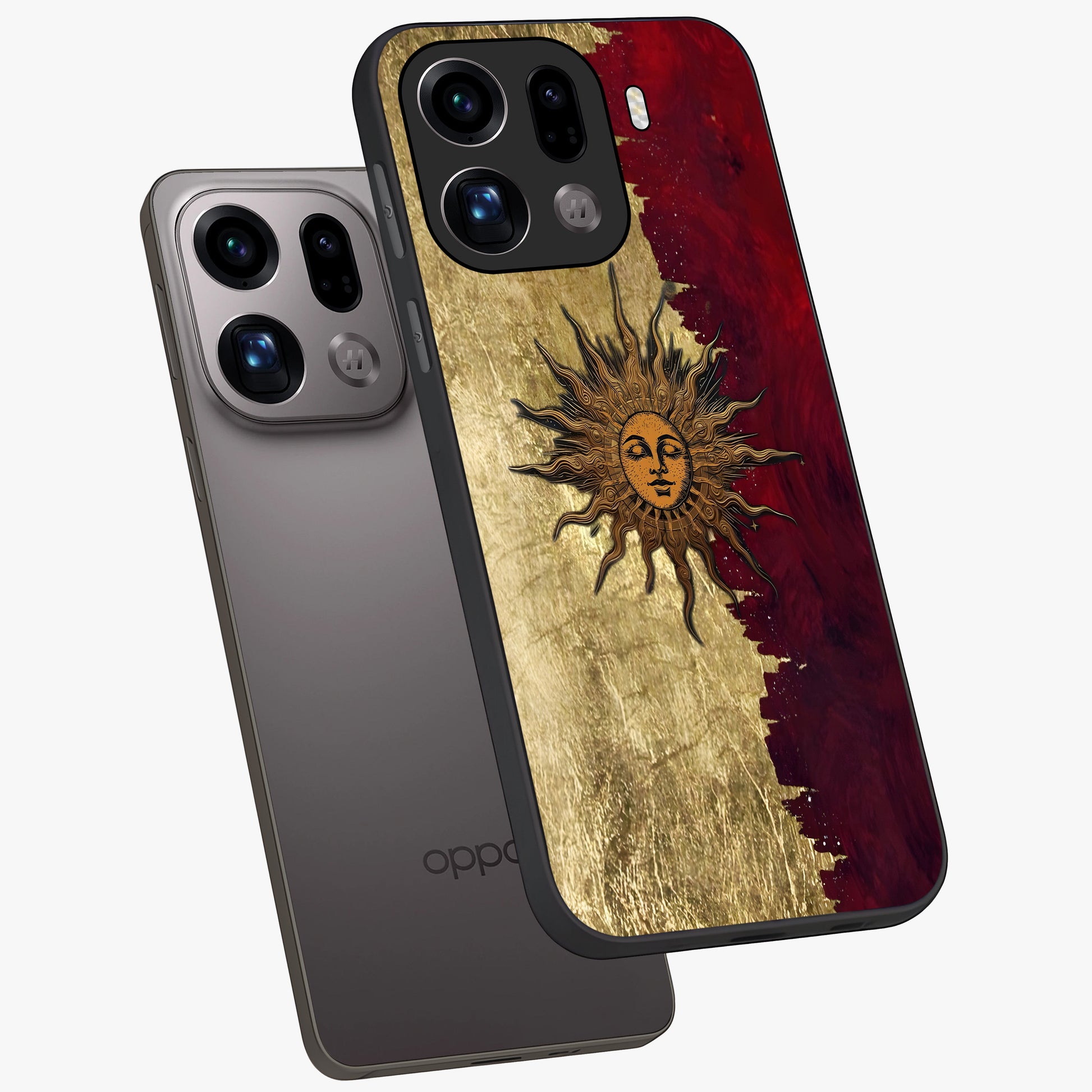 Crimson Sun Majesty Glass Case displayed in angled mockup highlighting majestic crimson sun design with bold aesthetic style.