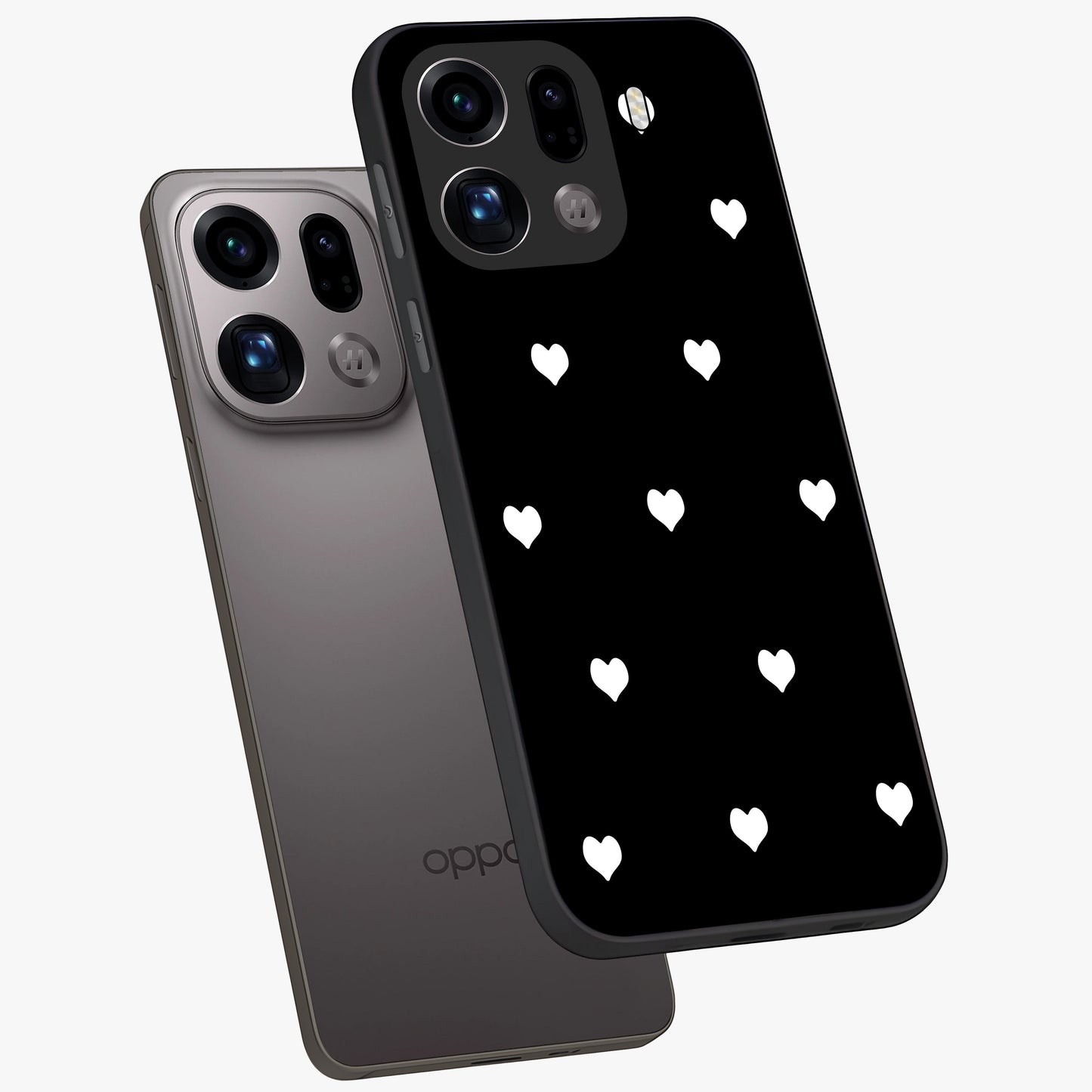 Cute And Simple White Hearts Glass Case displayed in angled mockup highlighting cute heart design with clean aesthetic style.