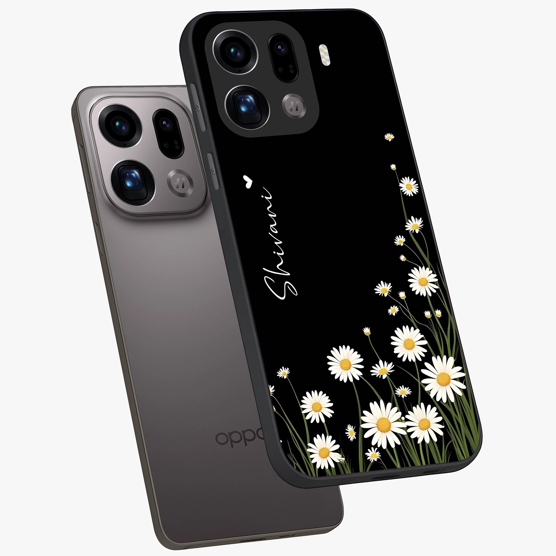 Daisy Cascade Custom Name Glass Case displayed in angled mockup highlighting delicate daisy artwork with custom name feature.