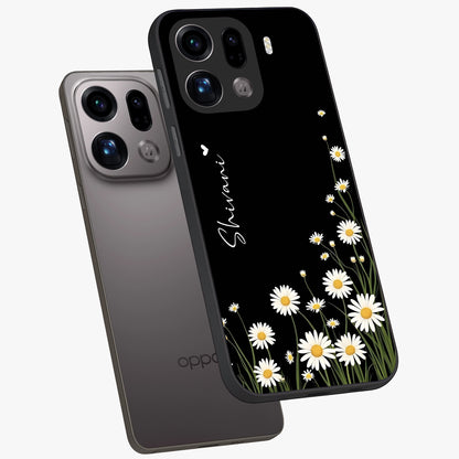 Daisy Cascade Custom Name Glass Case displayed in angled mockup highlighting delicate daisy artwork with custom name feature.