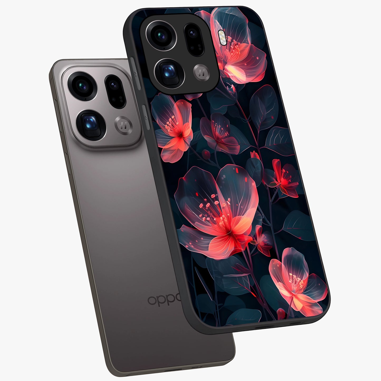 Dark Shade of Flower Glass Case displayed in angled mockup highlighting moody floral illustration with aesthetic dark tones.