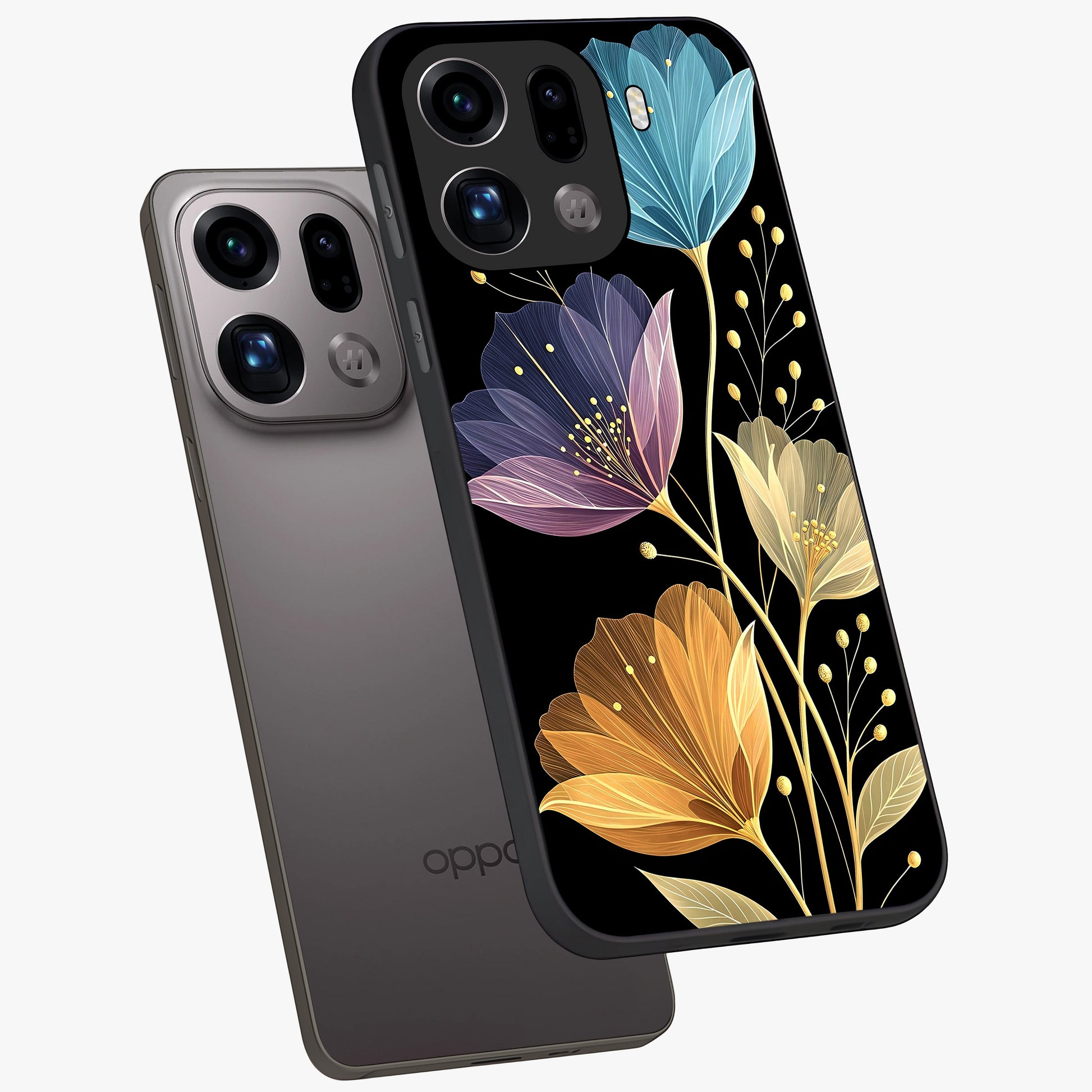 Delicate Multicolor Flowers Glass Case displayed in angled mockup highlighting colorful flower pattern with soft aesthetic style.