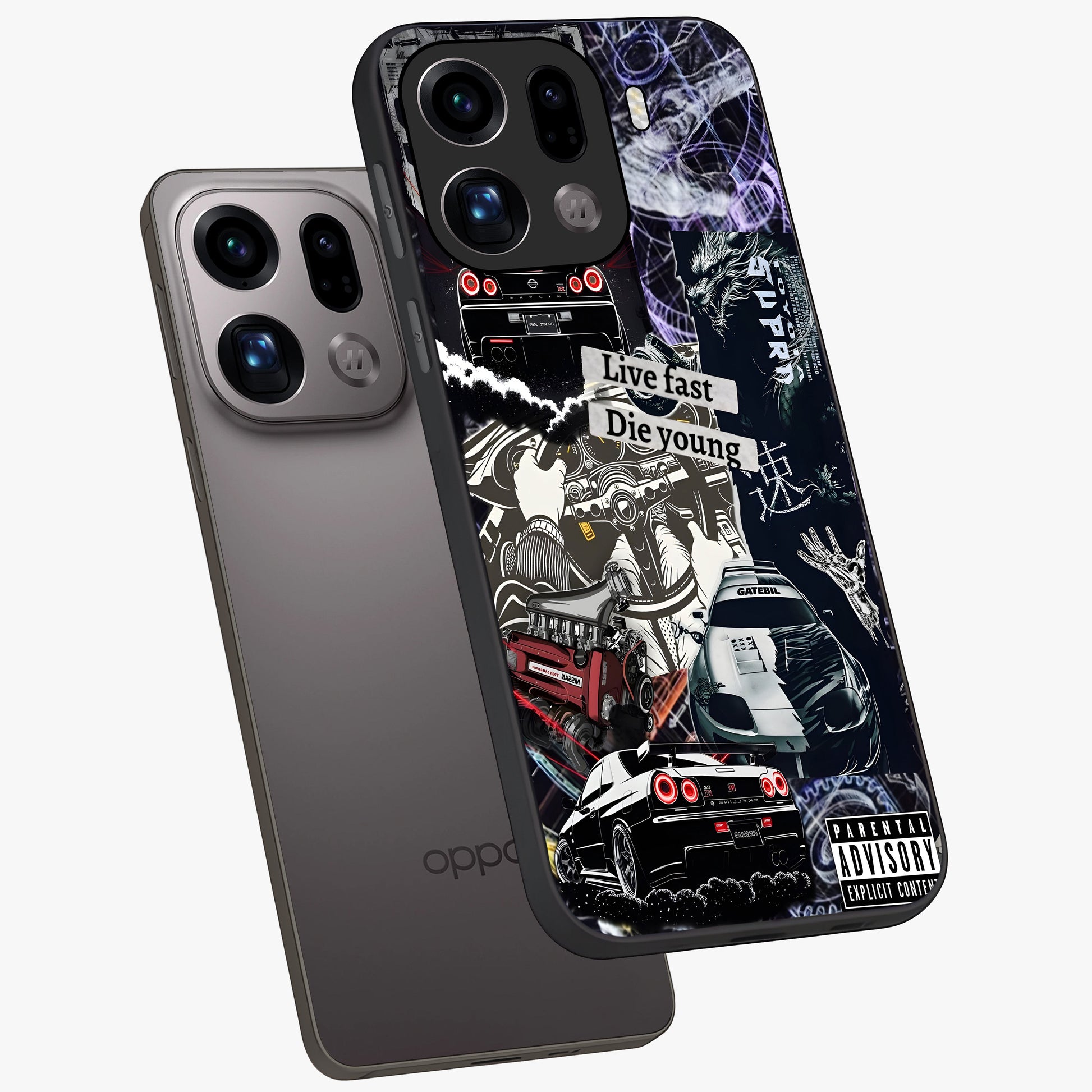 Die Young Glass Case displayed in angled mockup highlighting expressive graphic artwork with edgy aesthetic style.