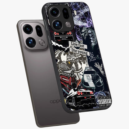 Die Young Glass Case displayed in angled mockup highlighting expressive graphic artwork with edgy aesthetic style.