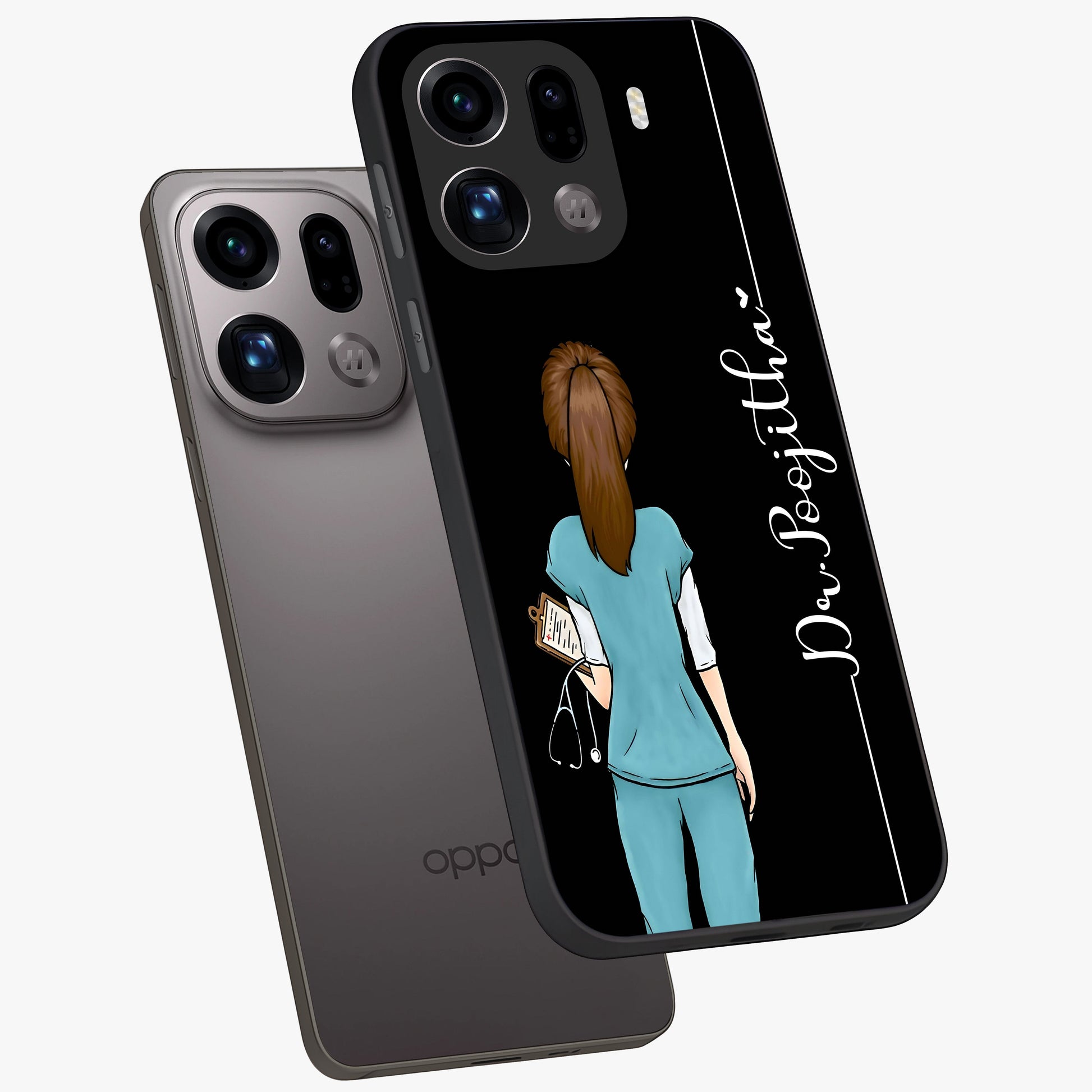 Doctor Pattern Custom Name Glass Case displayed in angled mockup highlighting doctor inspired artwork with custom name feature.