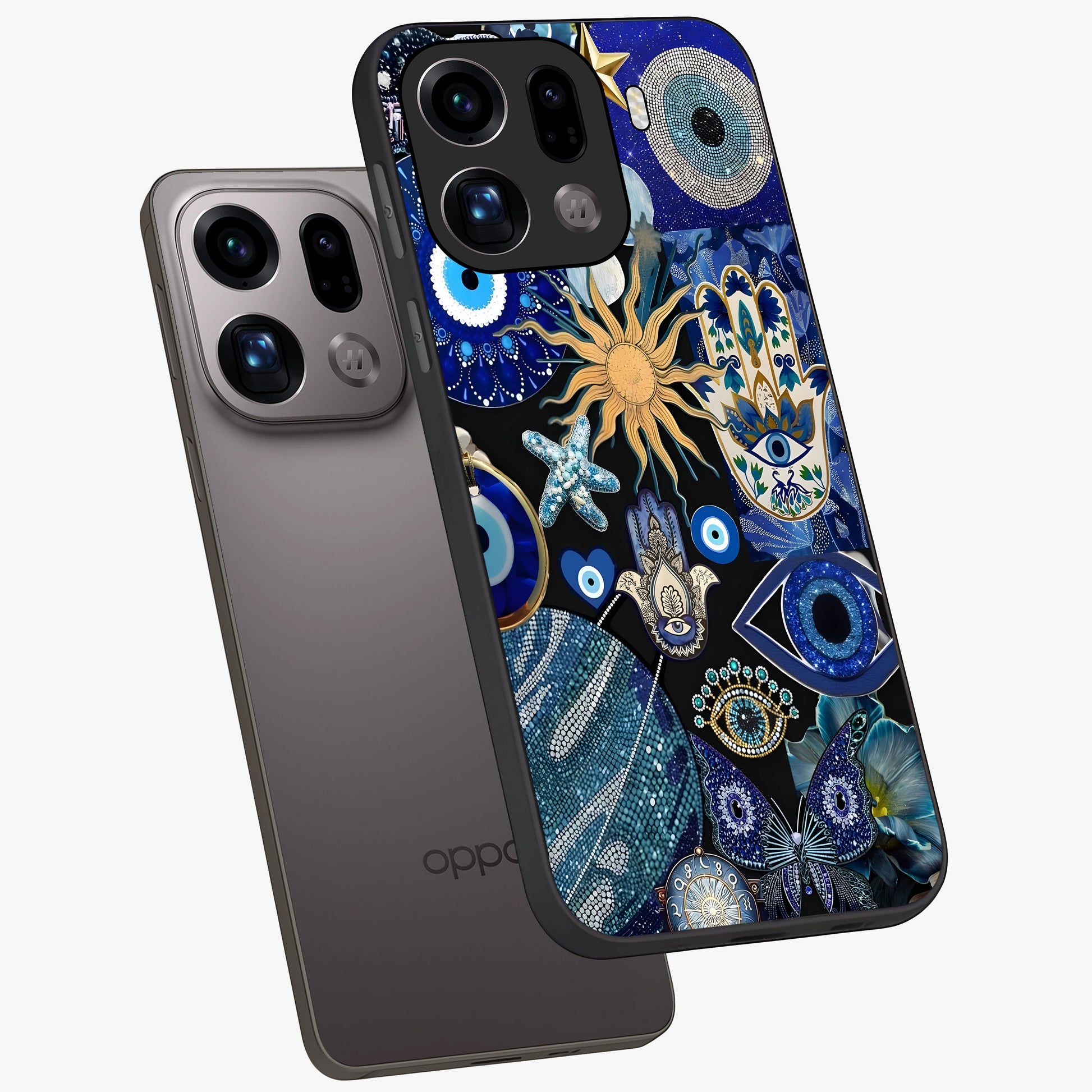 Evil Eye Charm Mix Glass Case displayed in angled mockup highlighting protective evil eye symbols with spiritual aesthetic design.