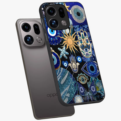 Evil Eye Charm Mix Glass Case displayed in angled mockup highlighting protective evil eye symbols with spiritual aesthetic design.