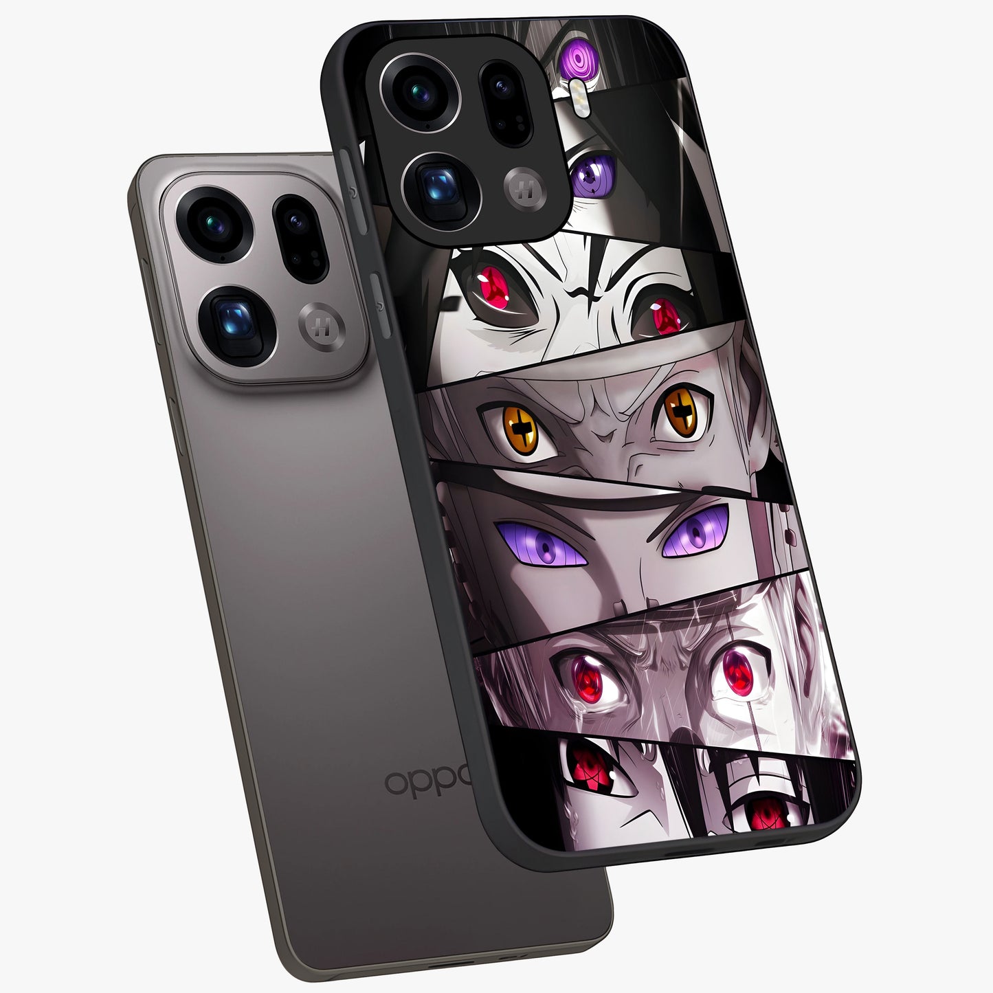 Eyes of Destiny Glass Case displayed in angled mockup highlighting bold eye illustration with mystical aesthetic style.