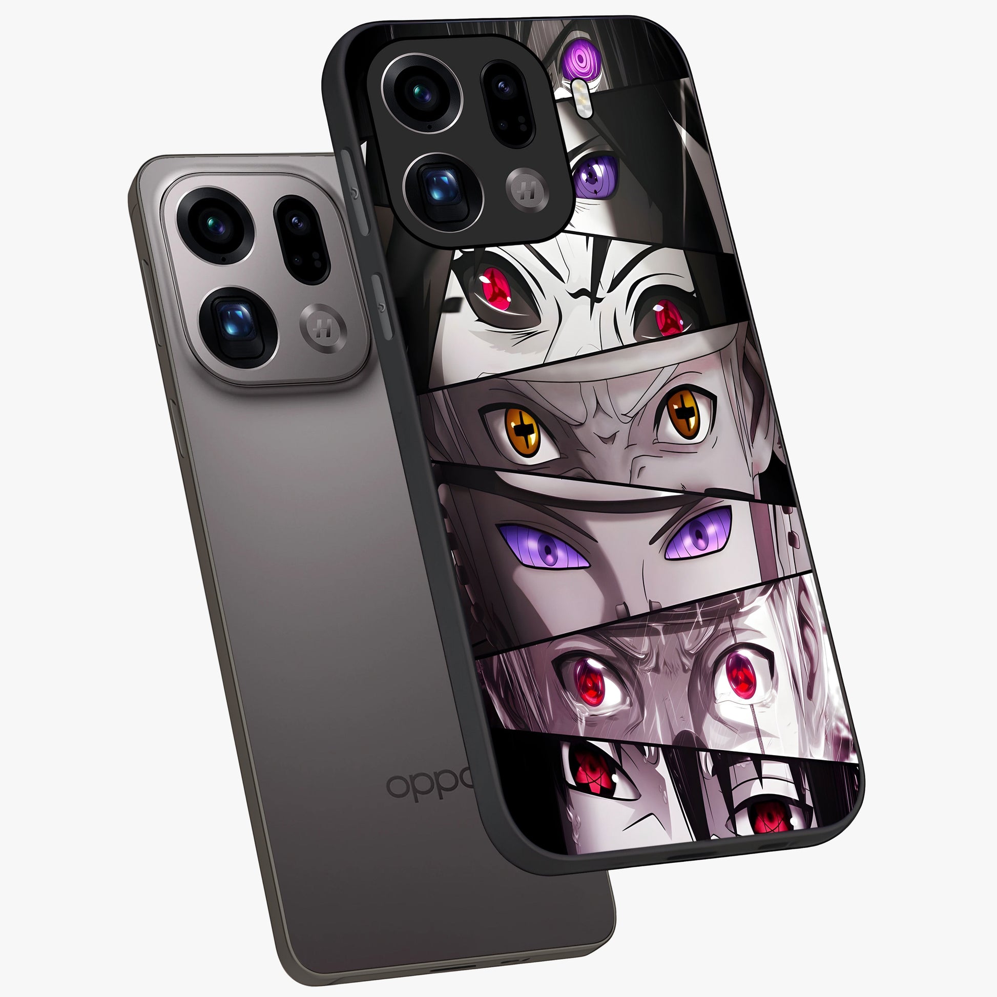 Eyes of Destiny Glass Case displayed in angled mockup highlighting bold eye illustration with mystical aesthetic style.