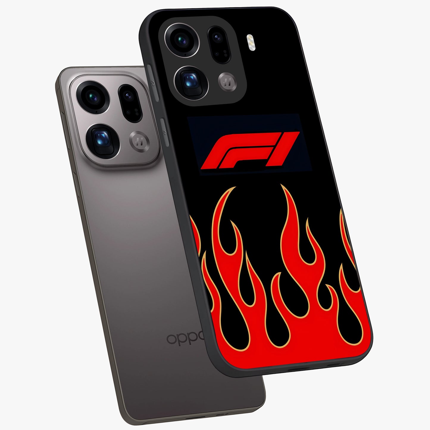 Fire F11 Glass Case displayed in angled mockup highlighting bold fire inspired graphic with energetic aesthetic style.