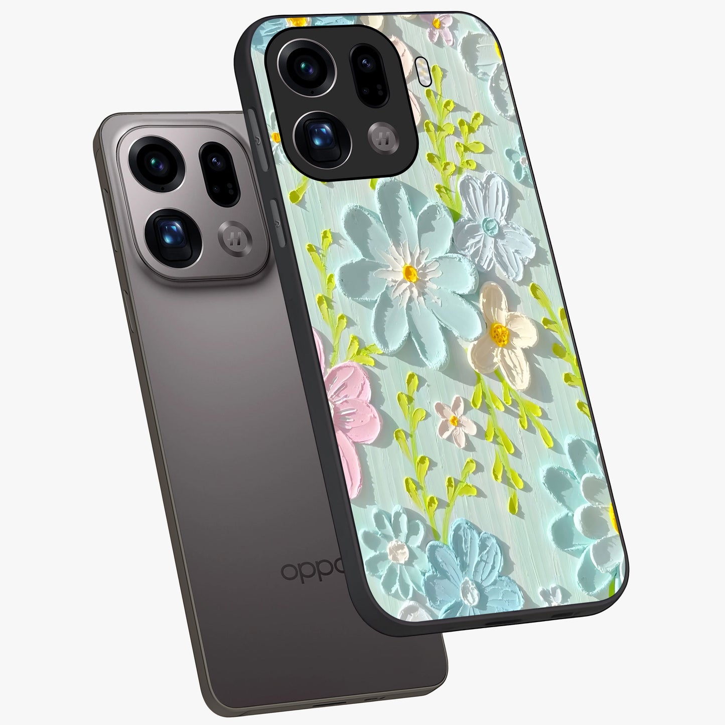 Frosted Petal Garden Glass Case displayed in angled mockup highlighting delicate flower petal design with calm garden aesthetic.