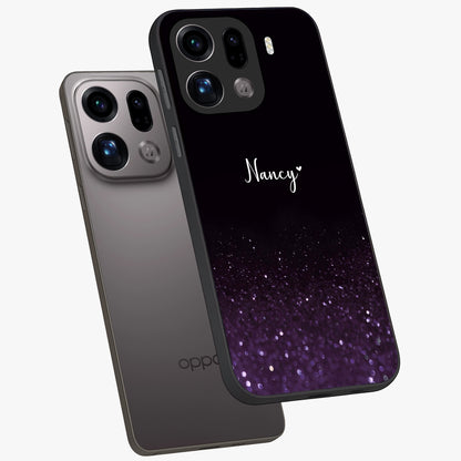 Glittery Purple Bokeh Custom Name Glass Case displayed in angled mockup highlighting glitter bokeh pattern with custom name feature.