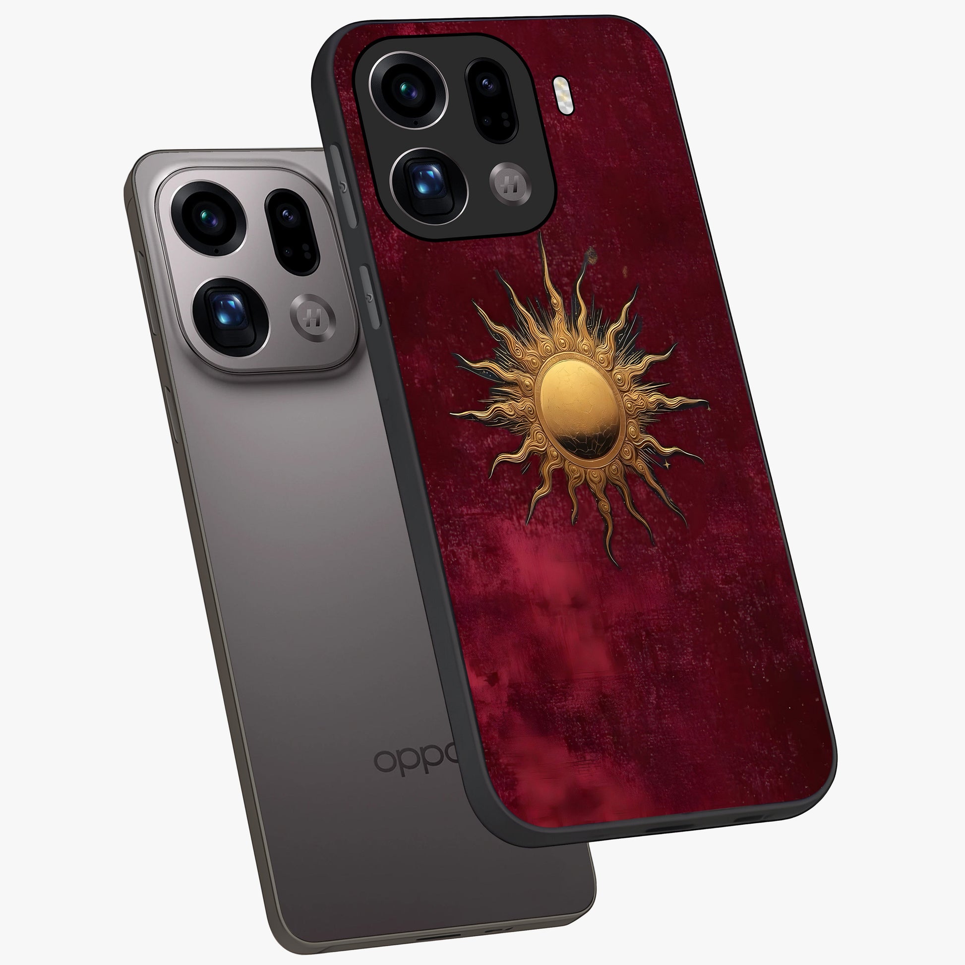 Golden Sun Minimalism Glass Case displayed in angled mockup highlighting clean sun symbol design with modern minimal aesthetic.