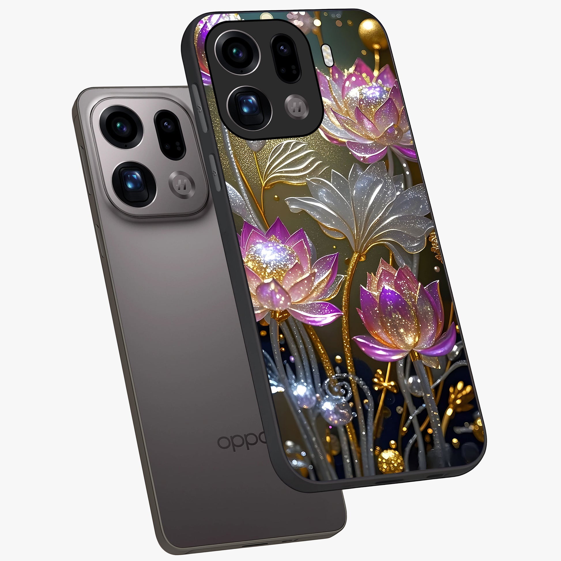Golden Floral Majesty Glass Case displayed in angled mockup highlighting elegant flower design with royal golden aesthetic.
