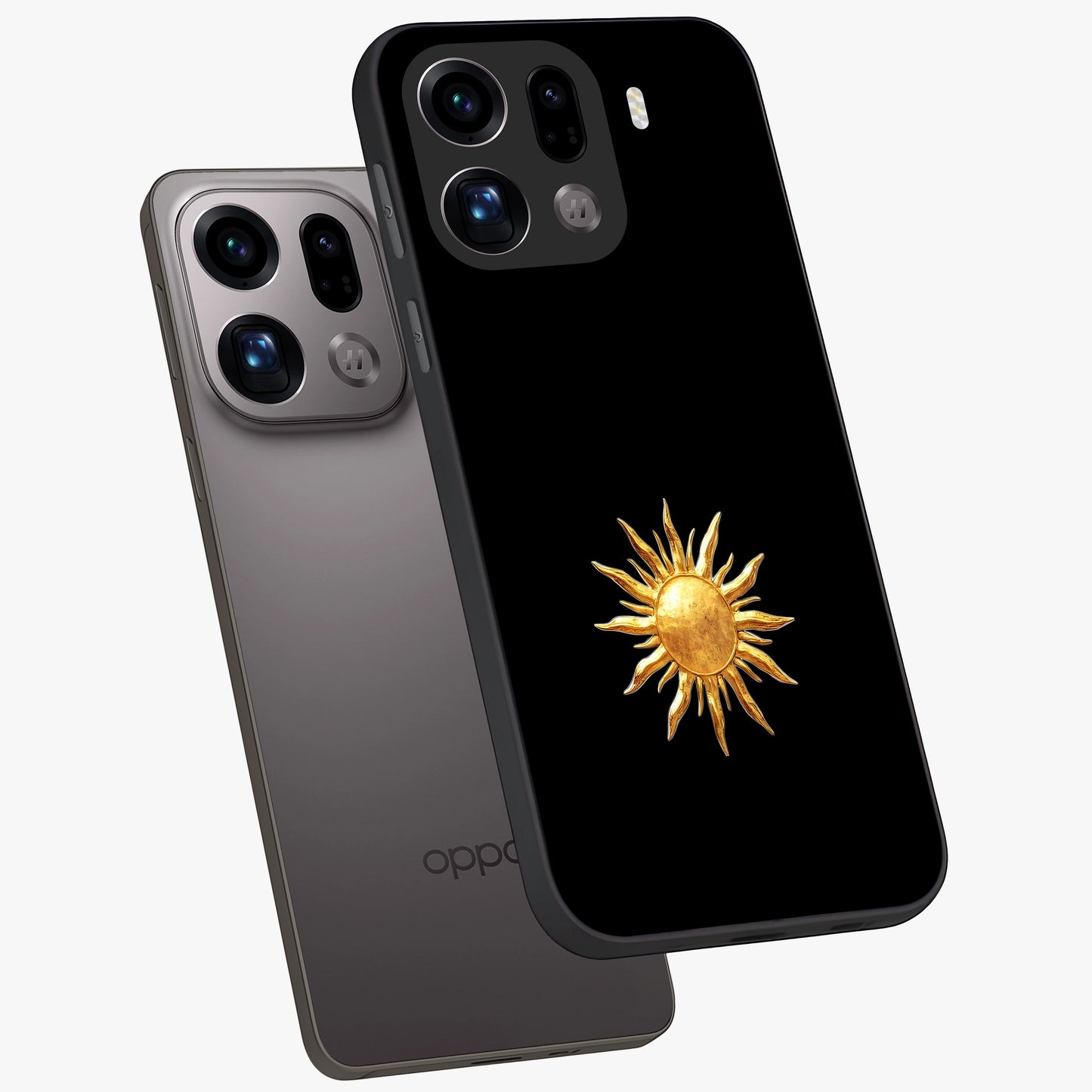 Golden Sun Minimalism Glass Case displayed in angled mockup highlighting eerie shadow illustration with gothic aesthetic.