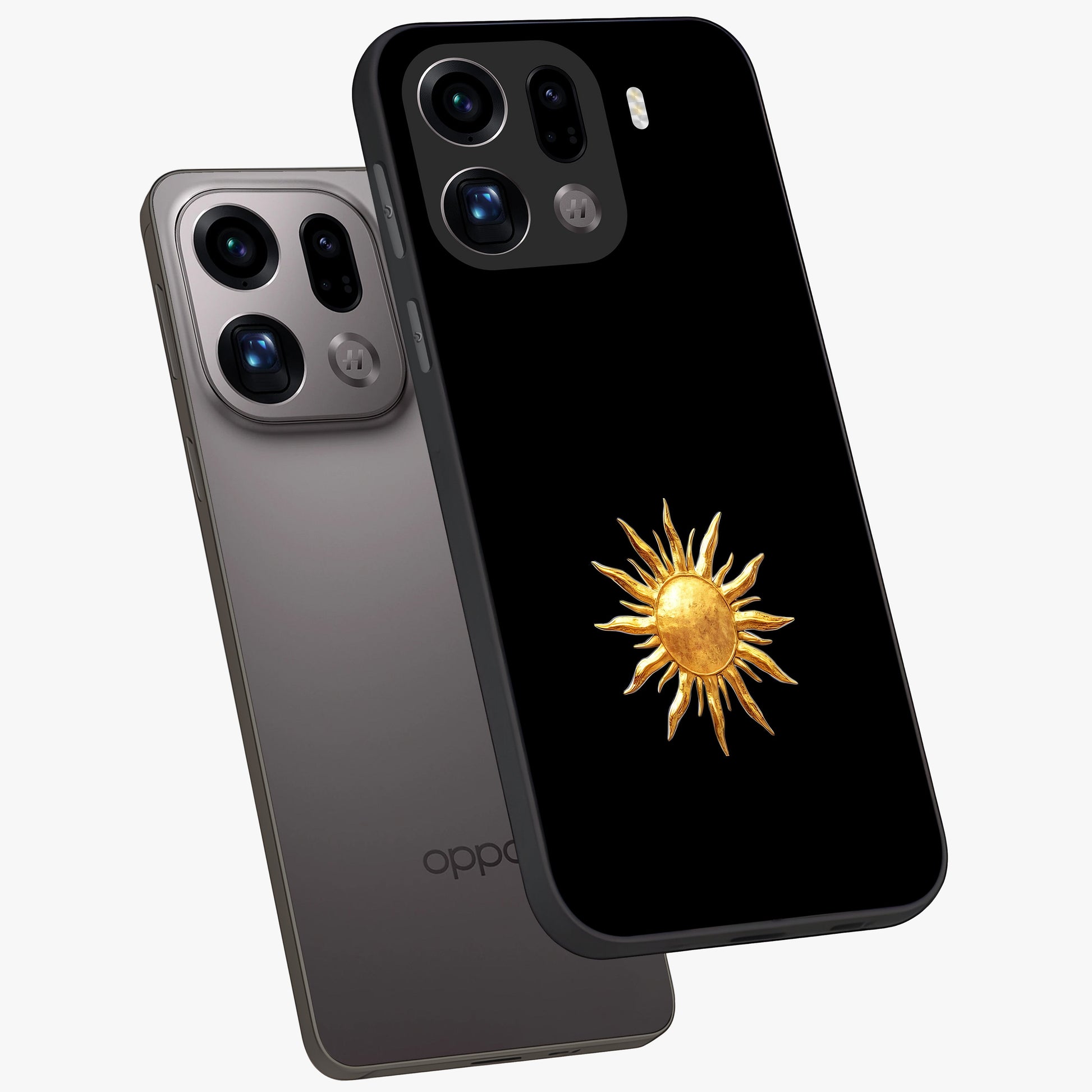 Golden Sun Minimalism Glass Case displayed in angled mockup highlighting eerie shadow illustration with gothic aesthetic.