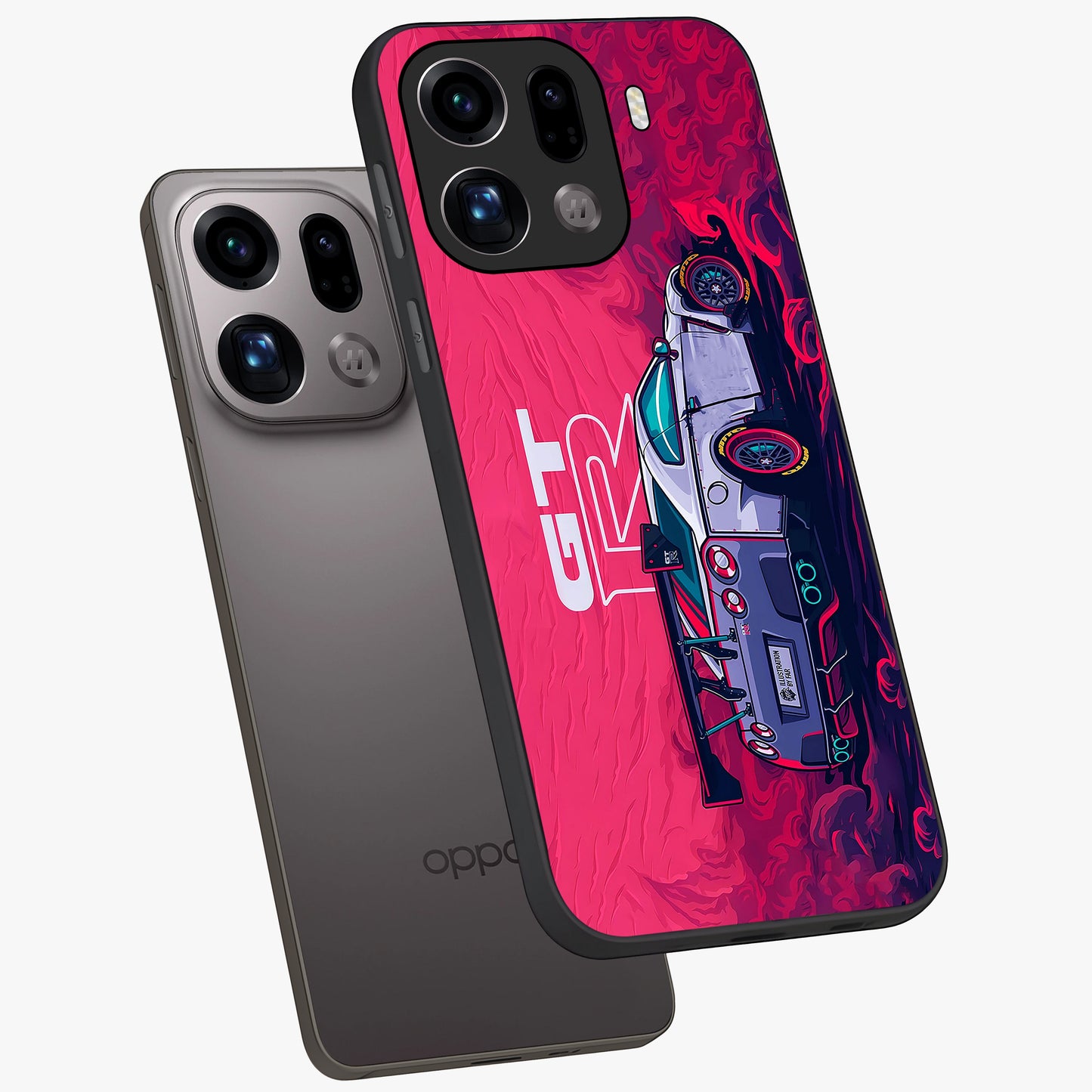 GT-R Car Pattern Glass Case displayed in angled mockup highlighting racing car graphic design with bold automotive aesthetic.