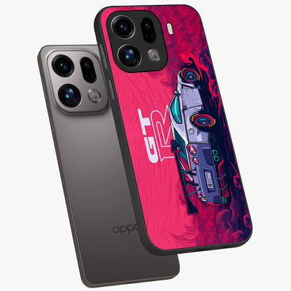 GT-R Car Pattern Glass Case displayed in angled mockup highlighting racing car graphic design with bold automotive aesthetic.