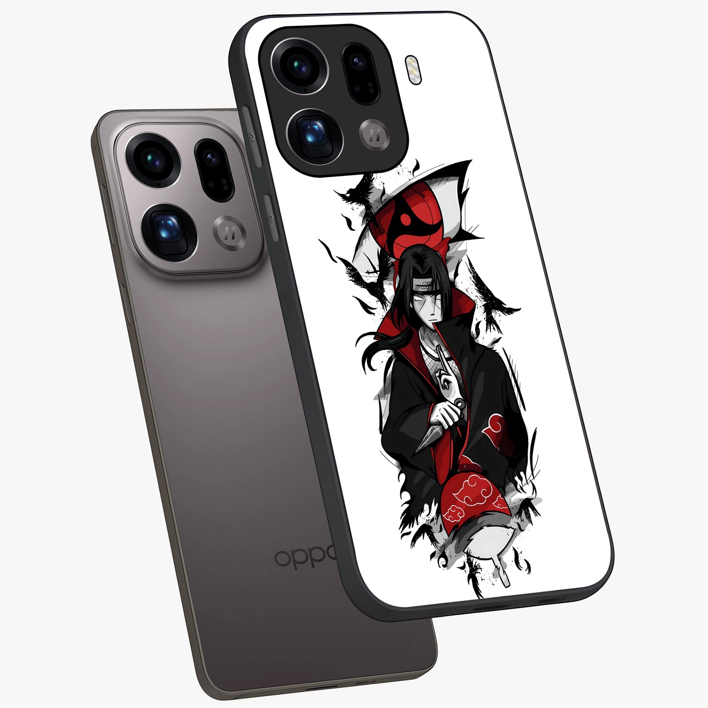 Itachi Limited Edition Naruto Anime Glass Case displayed in angled mockup highlighting dramatic anime illustration with bold action aesthetic.