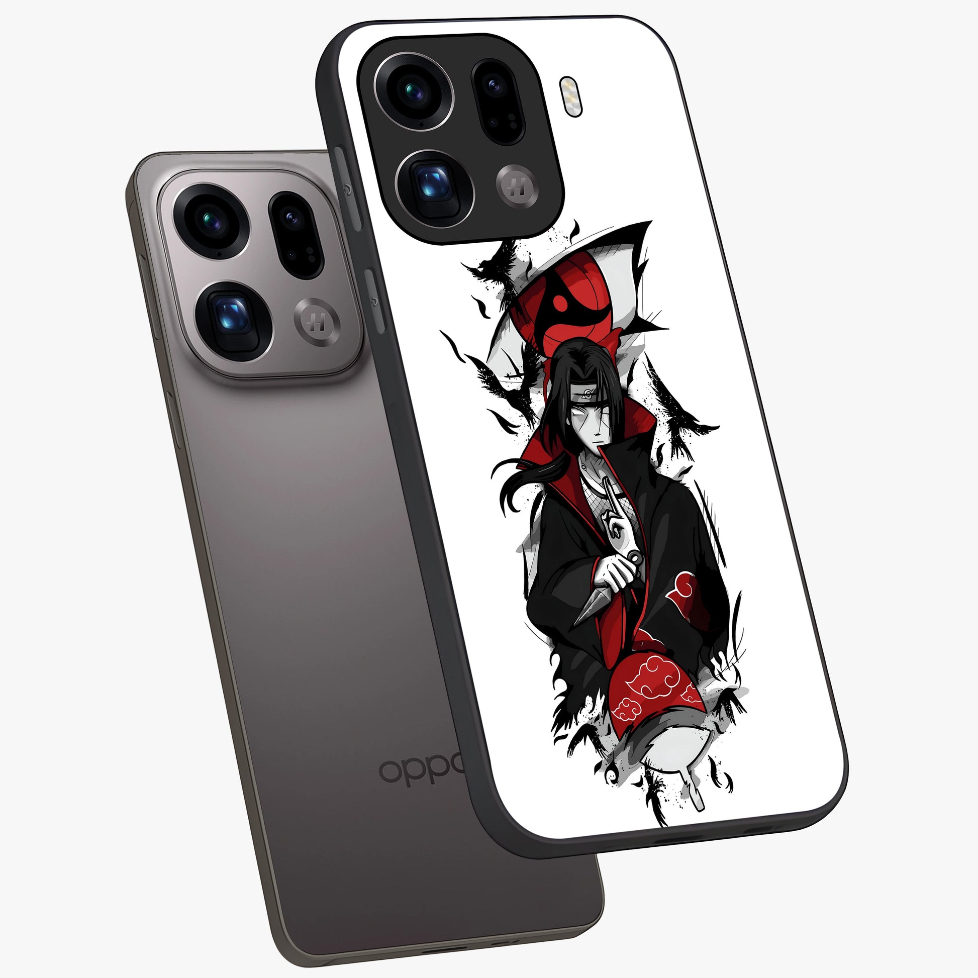 Itachi Limited Edition Naruto Anime Glass Case displayed in angled mockup highlighting dramatic anime illustration with bold action aesthetic.