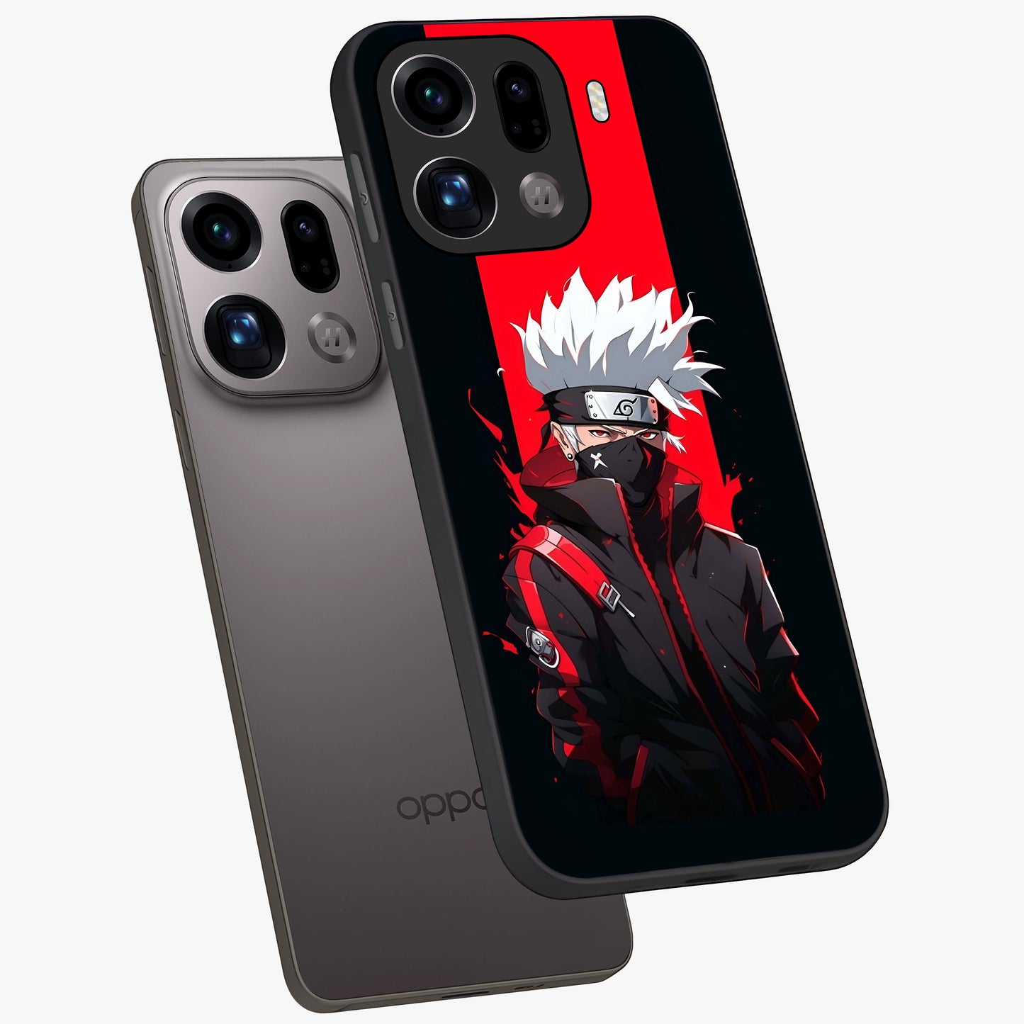 Kakashi Scarlet Shadow Glass Case displayed in angled mockup highlighting dramatic ninja illustration with scarlet themed aesthetic.