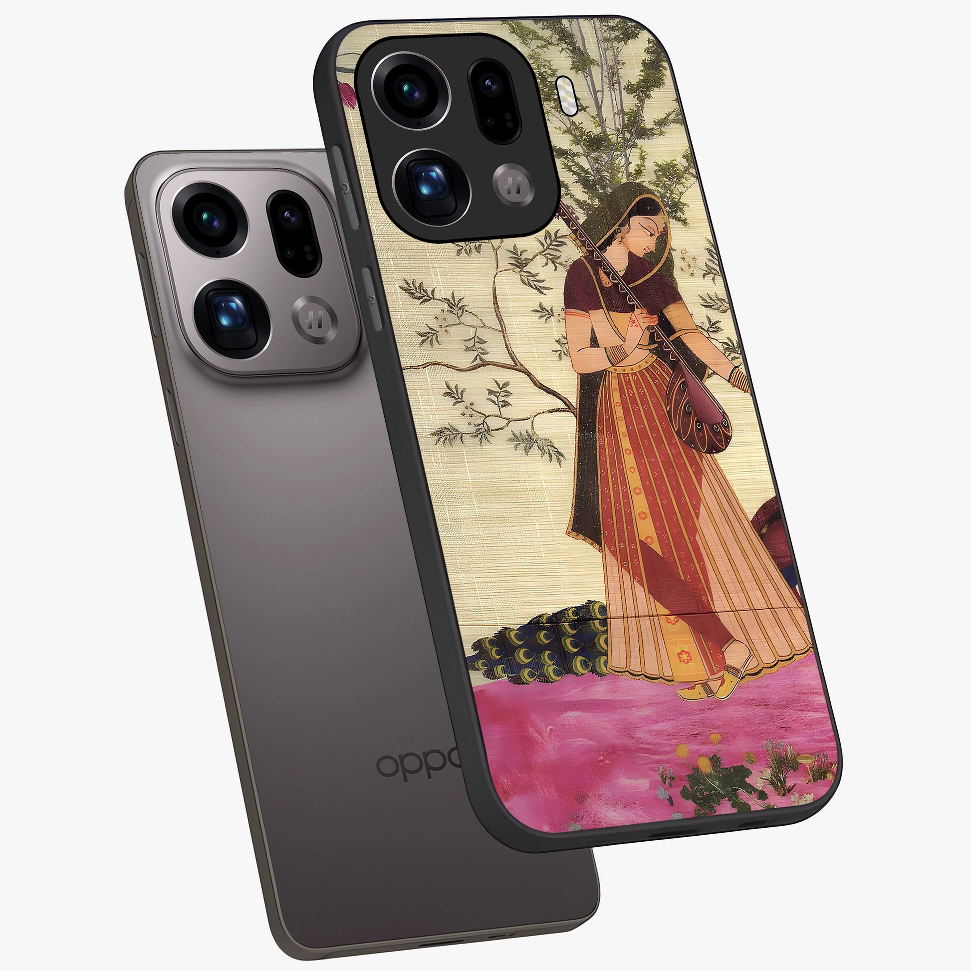 Lady With Veena Art Glass Case displayed in angled mockup highlighting graceful musical illustration with cultural artistic aesthetic.
