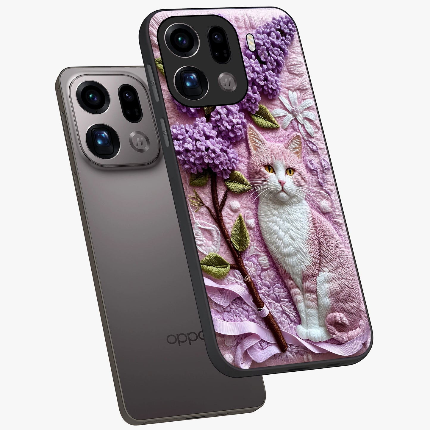 Lavender Cat Whimsy Glass Case displayed in angled mockup highlighting playful feline illustration with pastel lavender aesthetic.