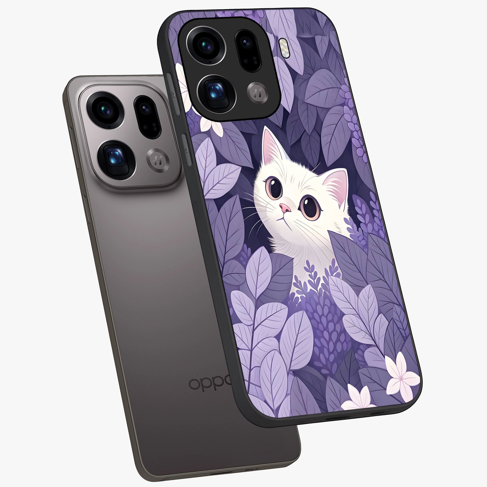Lilac Hide Peek Cat Glass Case displayed in angled mockup highlighting playful feline illustration with lilac aesthetic design.