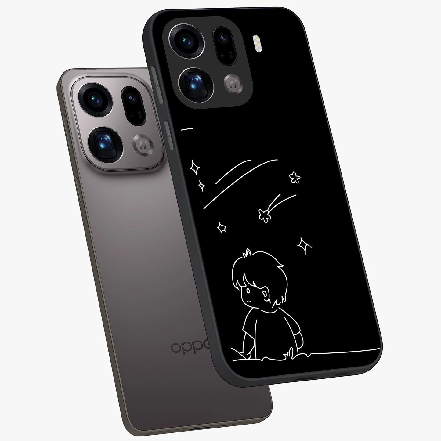 Line Art Boy With Shooting Stars Glass Case displayed in angled mockup highlighting elegant line art design with dreamy star aesthetic.
