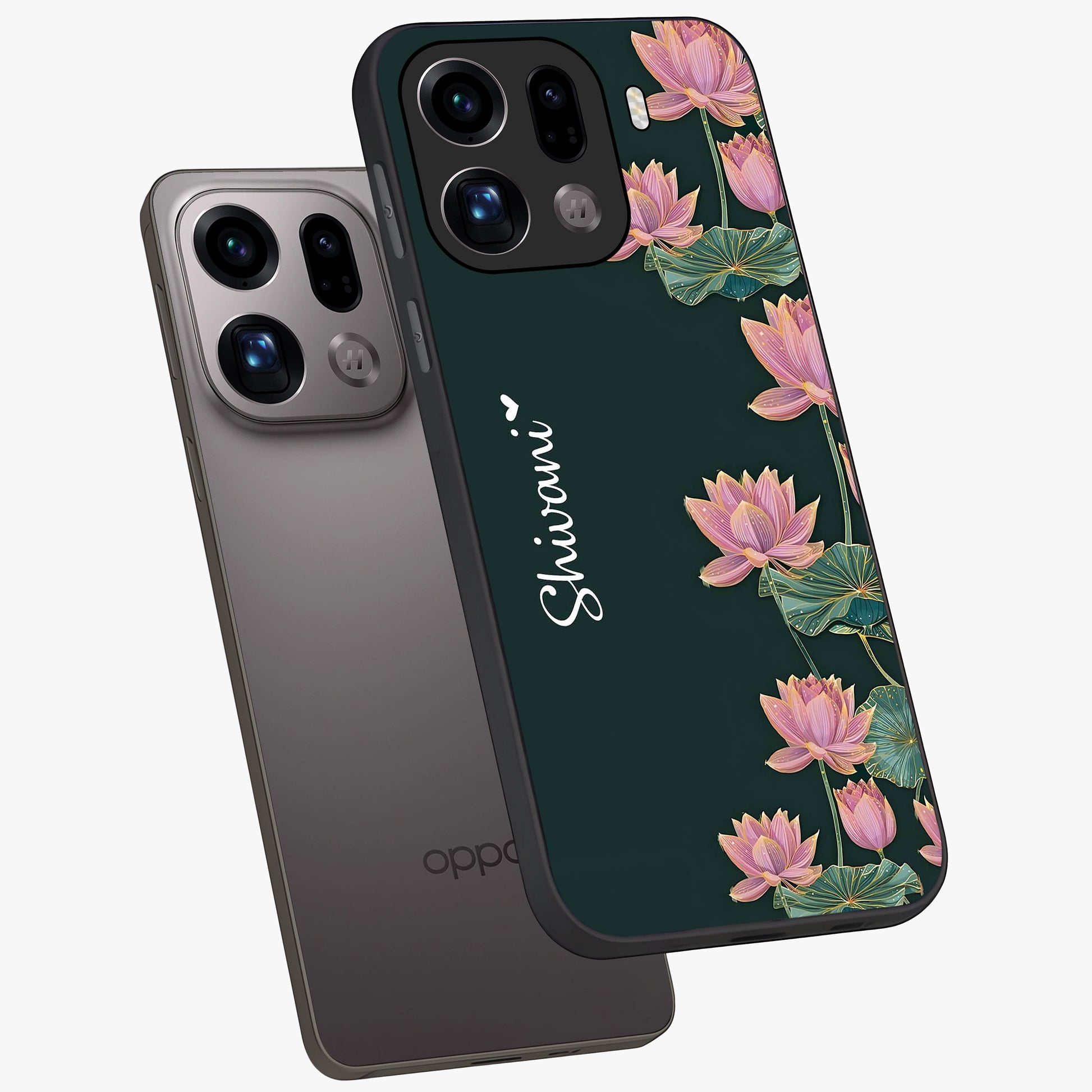 Lotus Bloom Serenity Custom Name Glass Case displayed in angled mockup highlighting graceful lotus illustration with custom name feature.