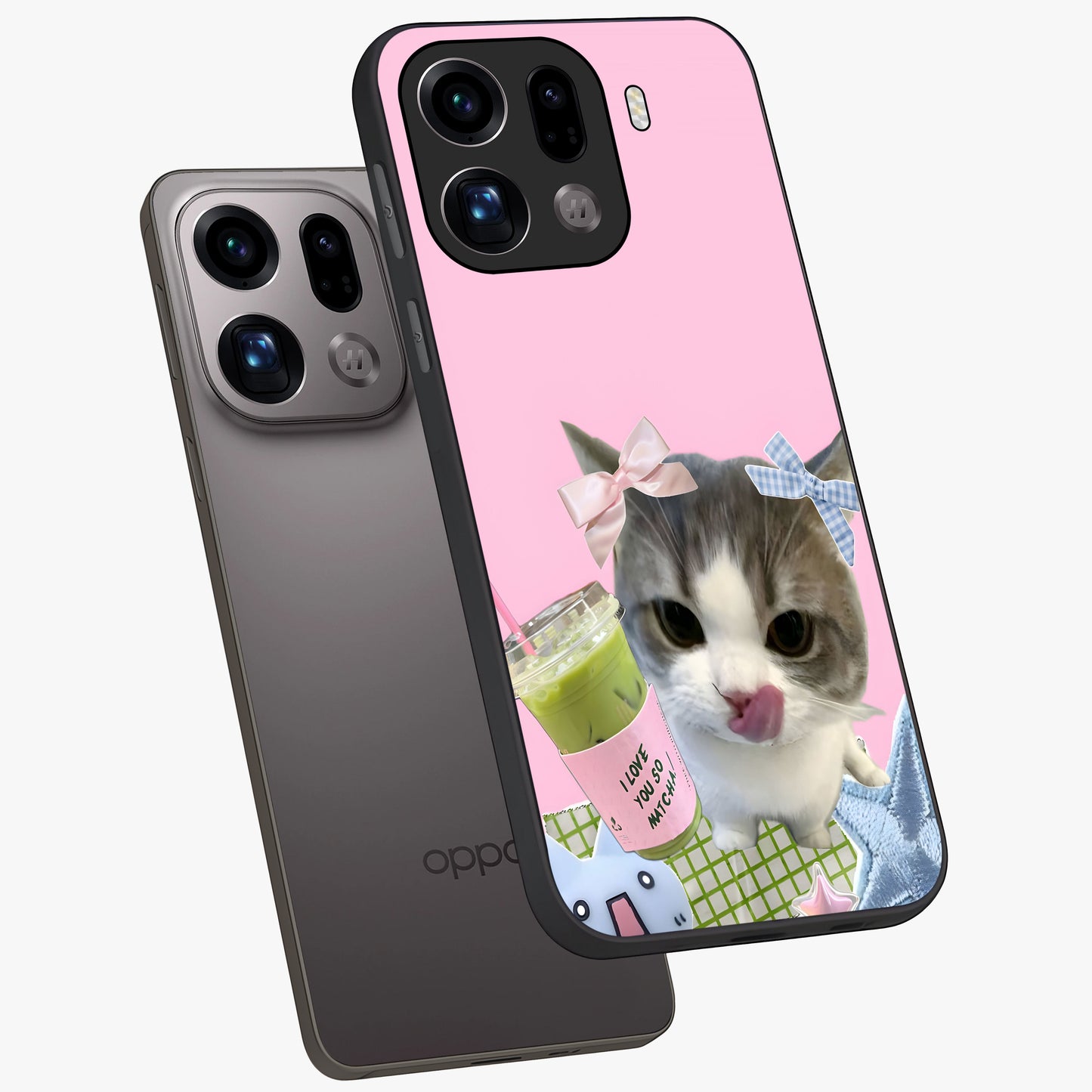 Love Matcha Cat Glass Case displayed in angled mockup highlighting playful feline illustration with cozy matcha aesthetic.