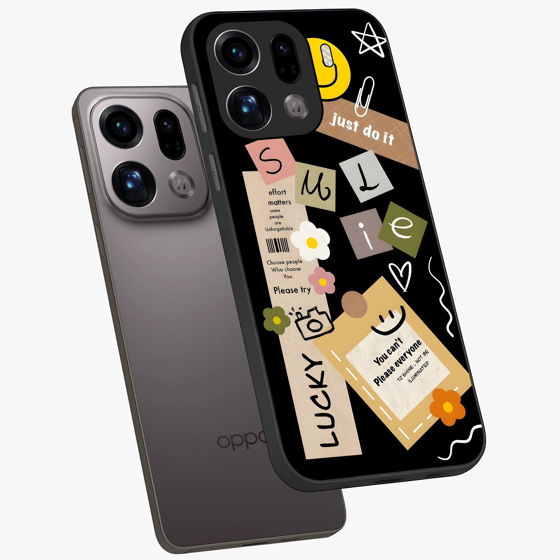 Lucky Aesthetic Collage Glass Case displayed in angled mockup highlighting stylish collage pattern with modern aesthetic vibe.