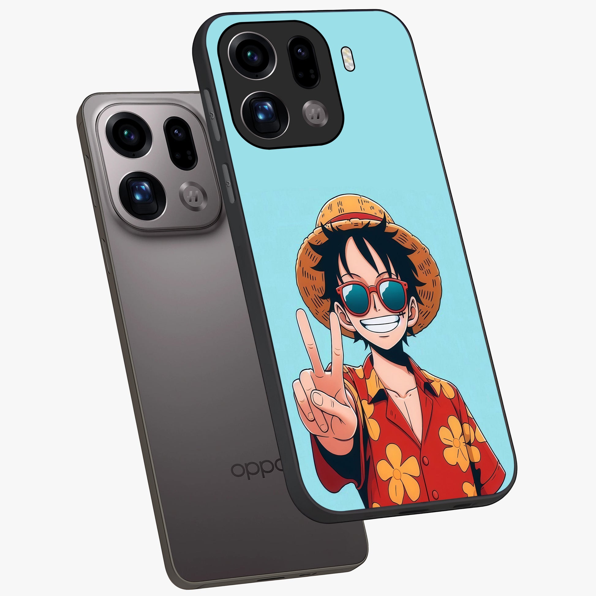 Luffy Summer Anime Vibe Glass Case displayed in angled mockup highlighting energetic anime illustration with summer vibe aesthetic.